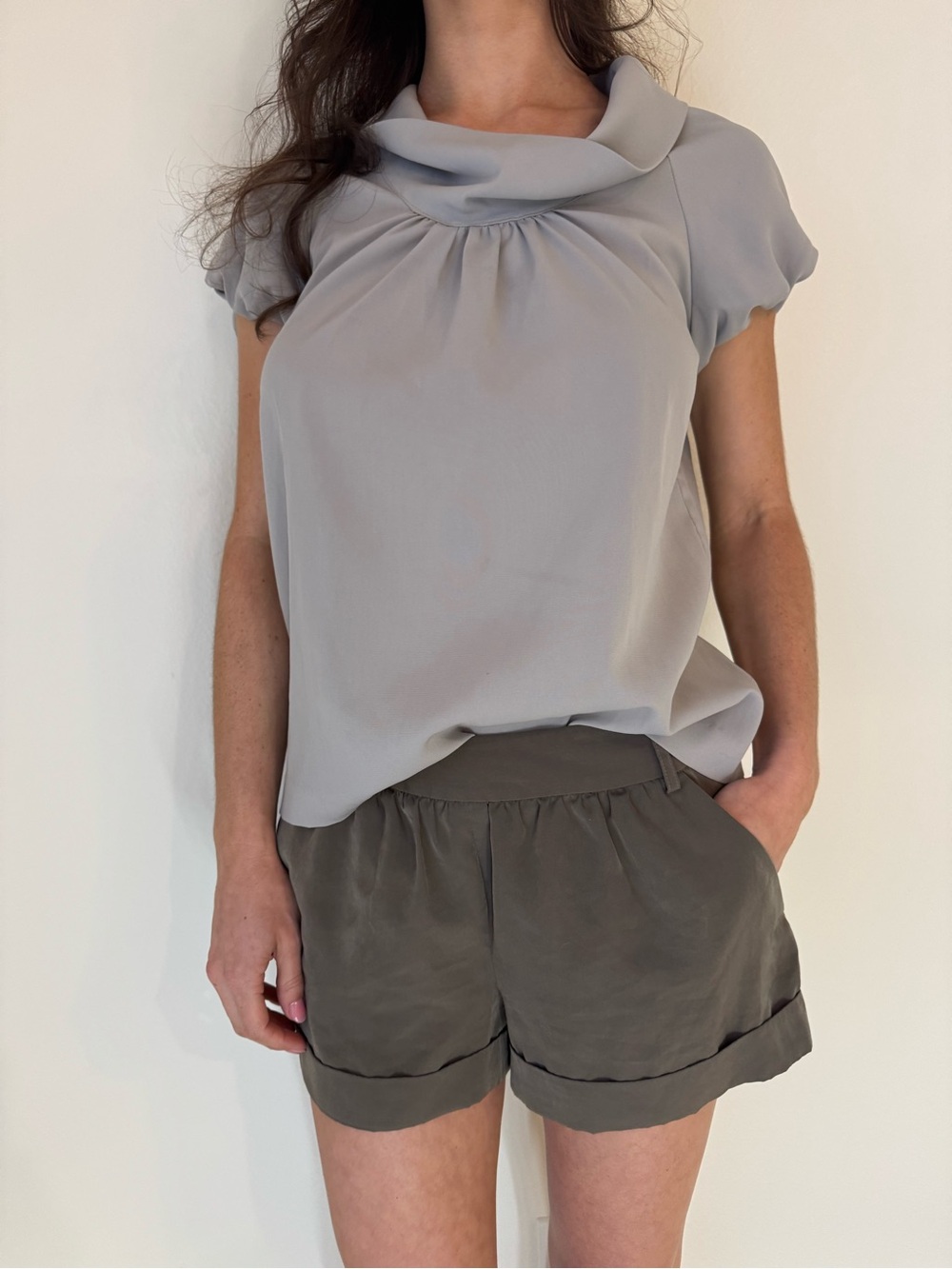 Express Light Gray Draped Neck Blouse with Olive Green Bermuda Shorts